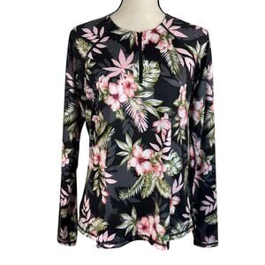 Hurley Large Swim Top Rashguard Floral UPF 50+ Stretch Long Sleeve 1/4 Zip Multi